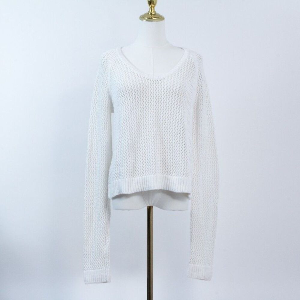 C&C California Sweater Boho Beachy Open Weave White Crochet Medium Cotton